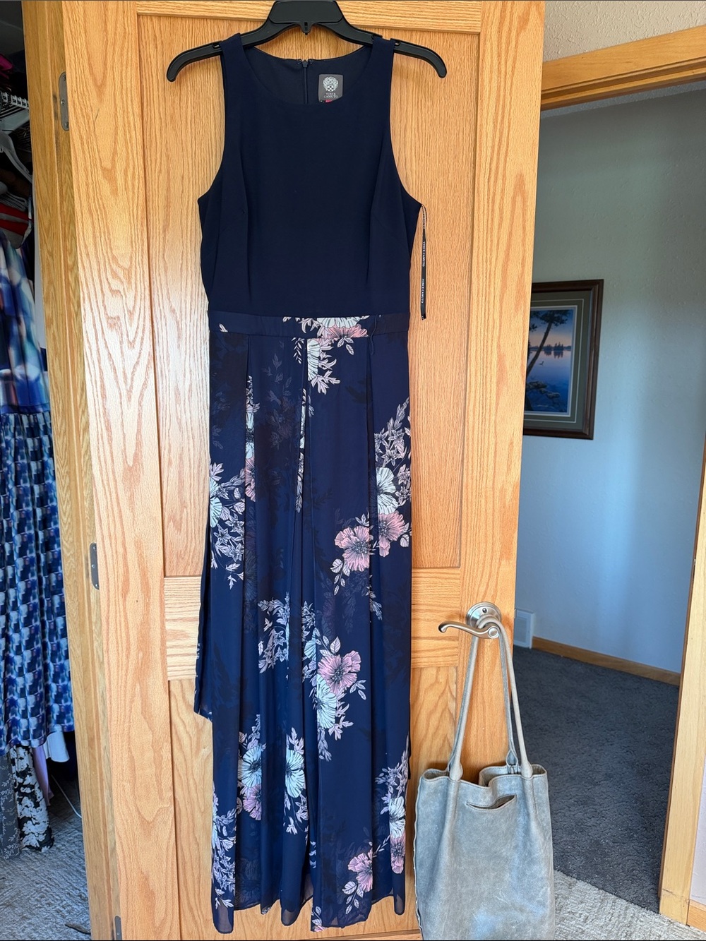 Vince Camuto Navy Floral Maxi Jumpsuit- Sleeveless Elegant Fit